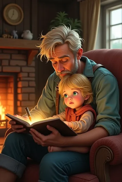 I don&#39;t want to draw a 40-year-old father, blond with green eyes, with his 3-year-old daughter, blond with blue eyes, on his lap, telling stories from a drawing book.. They are in an old rustic wooden house next to a fireplace.
