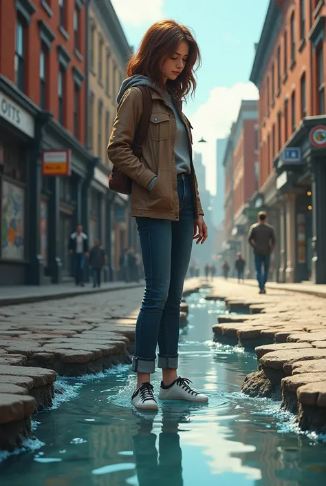 A brown-haired woman watches as water emerges from the cracks in the ground of the street  