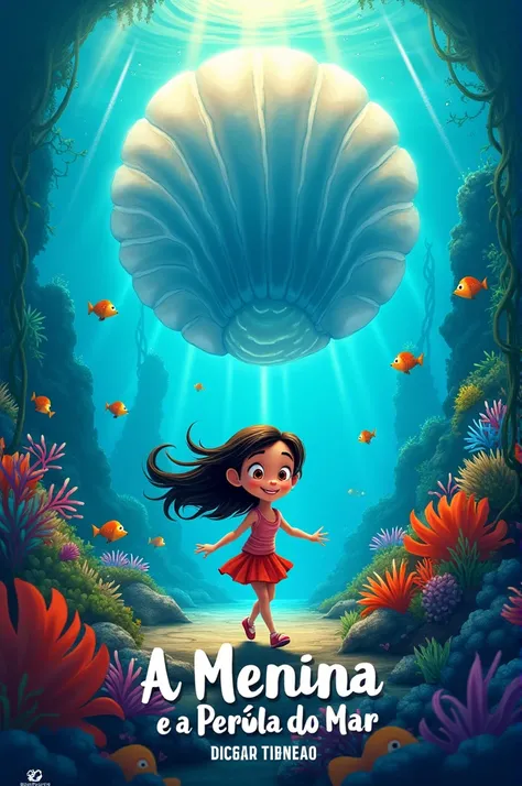 Cartoon style movie cover written The Girl and the Pearl of the Sea in Portuguese 