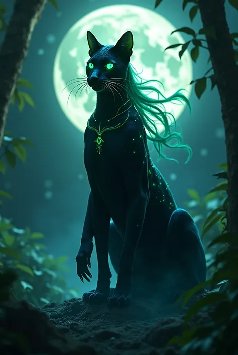 Show me a picture of a night witch, of the Moon, from the shadows, green, Cyan call of the sign Aquarius, vegetarian,sus colores favoritos son el azul y el green pero sobre todo el viridian y es una pantera de ojos green neón del Amazonas. 
without hat. He...