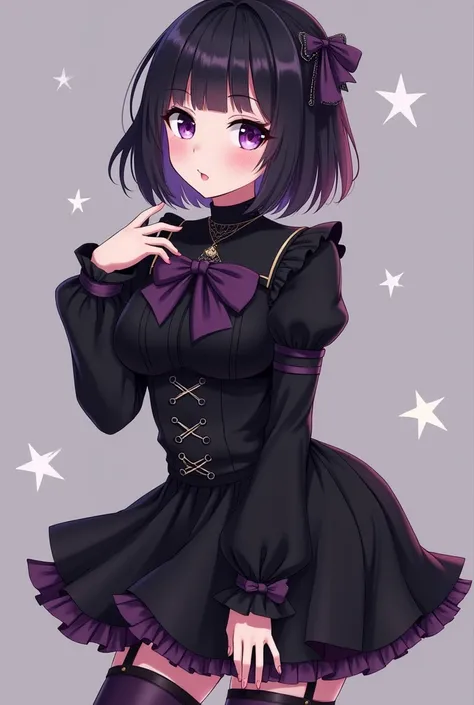 A girl with short hair and bangs, purples eyes, a fair skin wearing a gothic outfit, that has anime features and a curvy body, de corpo inteiro