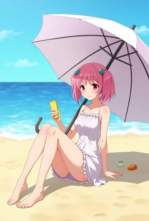 Madoka Kaname from Puella Magi Madoka Magica Hairstyle: Twin tails Hair color: Pink Location: Sitting on the beach with her legs open under a beach umbrella Holding sunscreen in her right hand Smiling No clothes