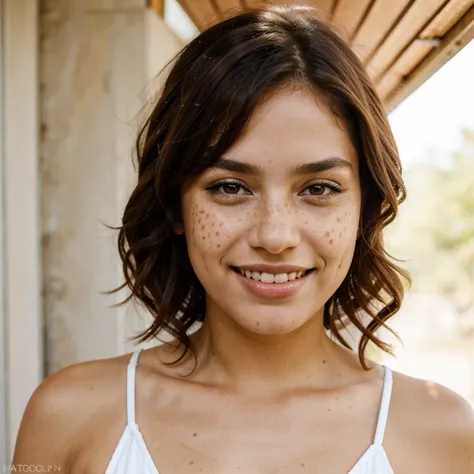 (one-1-person:1.2), beautiful latin lady, freckles, big smile, dark makeup, hyperdetailed photography, soft light, head and shou...