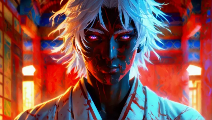 Man, black skin, whitish hair, white kimono with black details, bloody dojo background, "Intricate anime character design, stunning lighting, centered character, stunning face, creative details, ultra-fine 2D design, scenery bathed in creativity, boasting ...