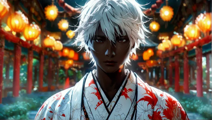 Man, black skin, whitish hair, white kimono with black details, bloody dojo background, "Intricate anime character design, stunning lighting, centered character, stunning face, creative details, ultra-fine 2D design, scenery bathed in creativity, boasting ...