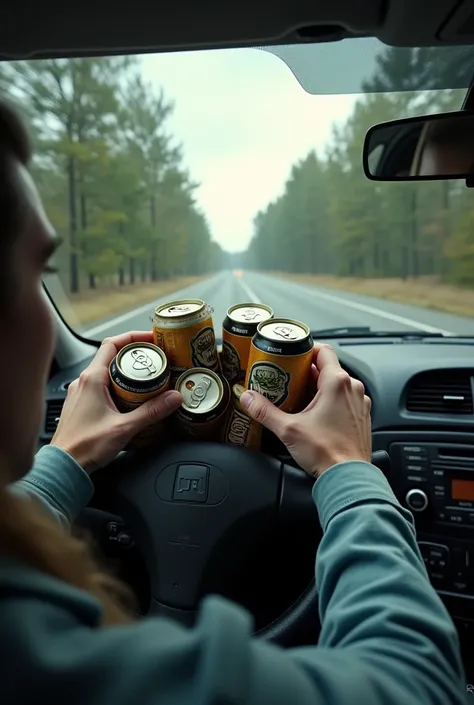 (photorealism:1,2) drunk driving with 1 million beer cans in their hand and speeding from drivers point of view