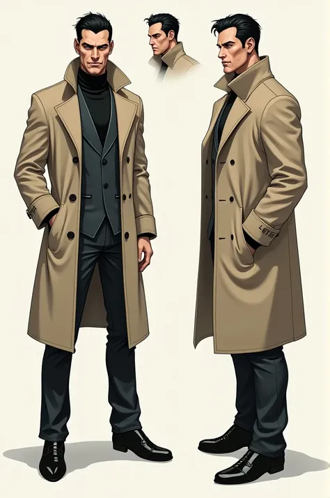 (CHARACTERSHEET:1) (MULTIPLE VIEWS FULL BODY UPPER BODY REFERENCE SHEET:
White man, athletic body, black hair, short hair Slicked back, brown eyes, using a begie overcoat, looks like John Constantine 