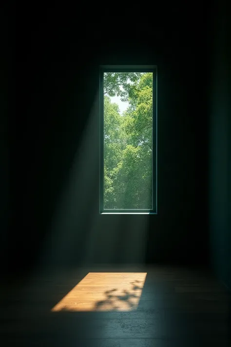 a small dark room, literally black. The middle of the black is a small window. The light comes in from the outside, leaving a small spot on the ground, and the lush shadow of trees can be seen outside the window.