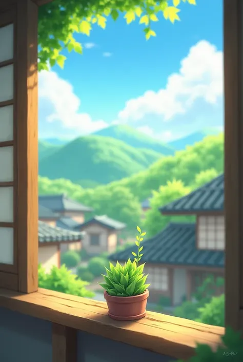 A serene, picturesque Japanese village with traditional houses, surrounded by lush green hills under a bright blue sky. In the foreground, a tiny seed named Kiko is nestled in a small pot placed on a wooden windowsill. The scene shows Kiko basking in the s...