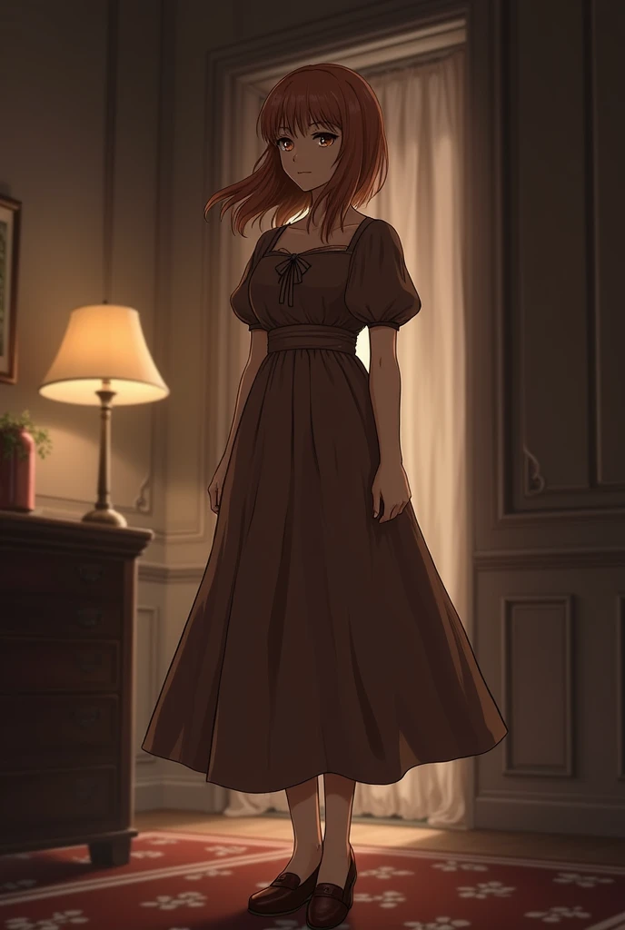 there is a woman in a brown dress standing in a room, female protagonist, rin, female protagonist 👀 :8, style game square enix, sayori, ayami kojima amano, inspired by Riusuke Fukahori, deayami kojima, makoto shinka, kasumi arimura style 3/4, female charac...