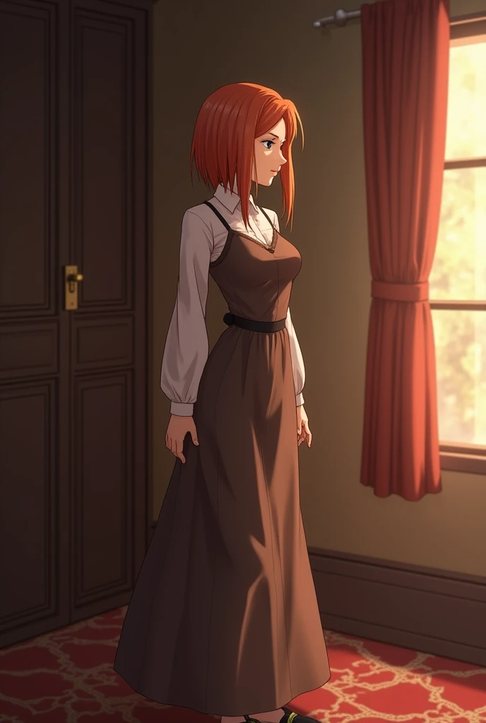 there is a woman in a brown dress standing in a room, female protagonist, rin, female protagonist 👀 :8, style game square enix, sayori, ayami kojima amano, inspired by Riusuke Fukahori, deayami kojima, makoto shinka, kasumi arimura style 3/4, female charac...