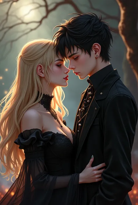 a couple, composed of a vampire, whose blonde hair falls softly down her back, He is facing away from his partner, dressed in a gothic and elegant way, His skin is pale, The man is a young dwarf, shorter than the girl, with cheerful features on his face, b...