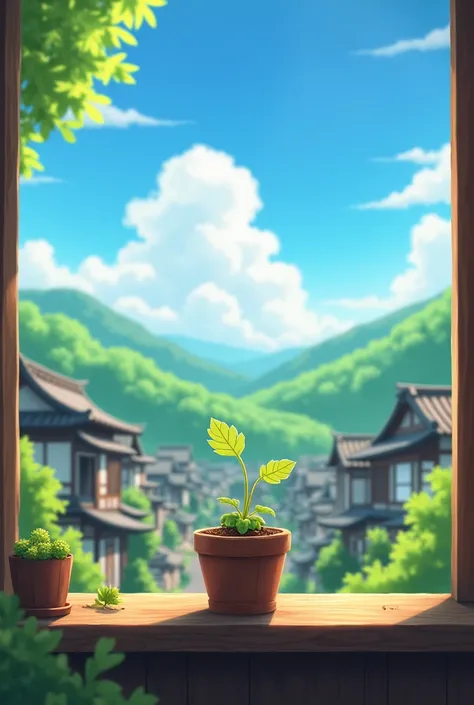 A serene, picturesque Japanese village with traditional houses, surrounded by lush green hills under a bright blue sky. In the foreground, a tiny seed named Kiko is nestled in a small pot placed on a wooden windowsill. The scene shows Kiko basking in the s...