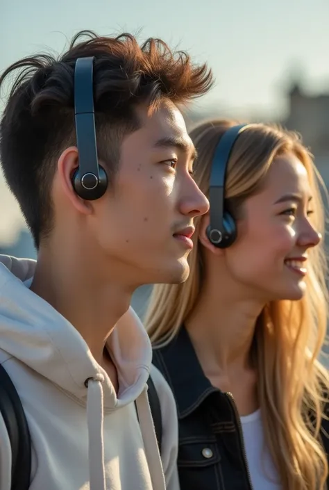 create 2 images of a young man and a young woman using a Bluetooth headset called Siindoo 