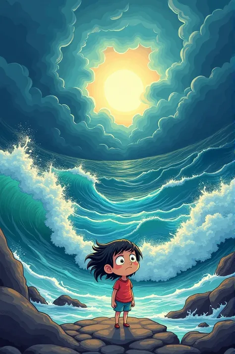 A cartoon style drawing about Suddenly, the sea that was calm and bright begins to darken. The waves get more intense, and the light of the pearl begins to fade. The girl feels she needs to return the pearl to the sea to restore harmony to the waters..