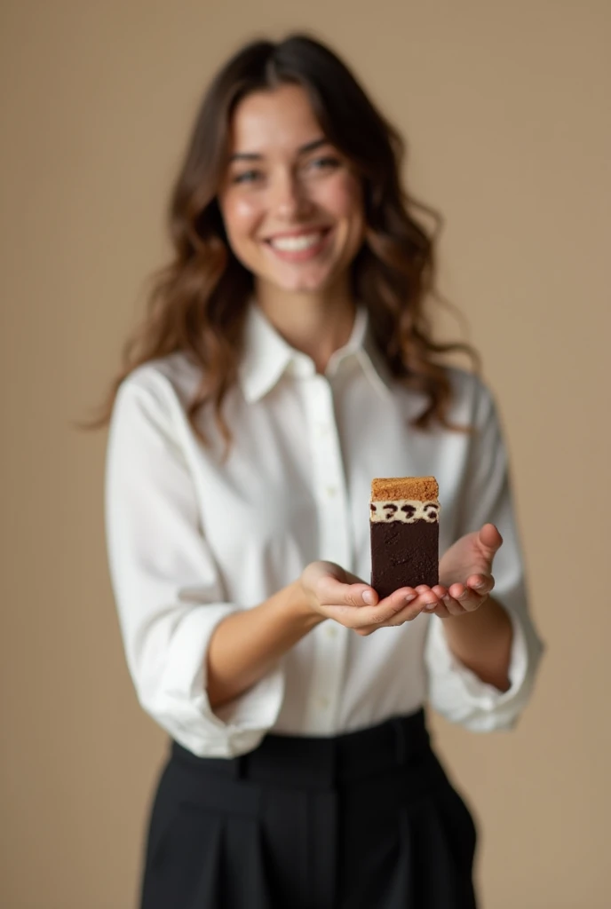 happy woman in formal blouse and pants, offering a very small rectangular brown, almost black sweet
 