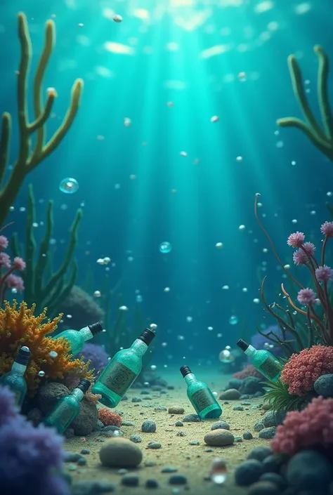 pollution, under the sea, bottles, dirty, disney, pixar style