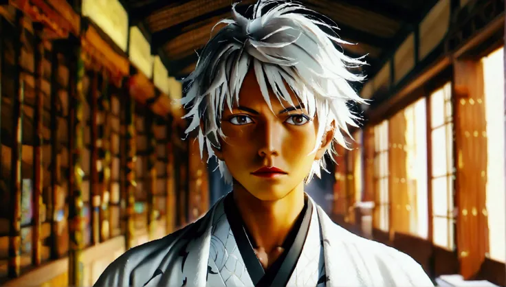 Man, brown skin, whitish hair, white kimono with black details, dojo background, "Intricate anime character design inspired by ONE PIECE, stunning lighting, centered character, stunning face, creative details, ultra-fine 2D design, scenery bathed in creati...