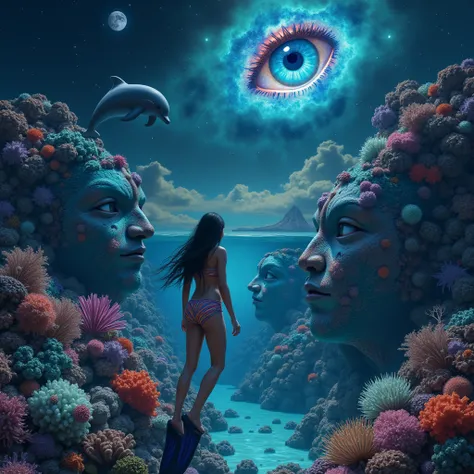 A surreal and fantastic digital artwork of a vibrant underwater realm and a resplendent sky. Underwater, a complex scene of human faces, intricately shaped from marine life and colorful corals, occupies the space. An 18-year-old girl with a slight smile, d...