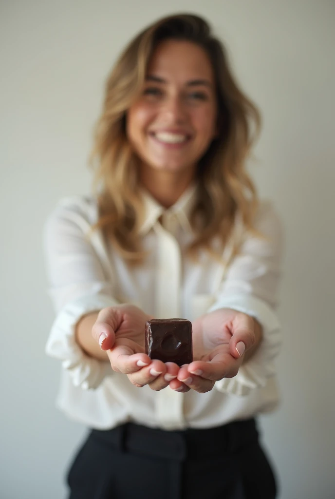 happy woman in formal blouse and pants, offering a very small rectangular brown almost black candy
 