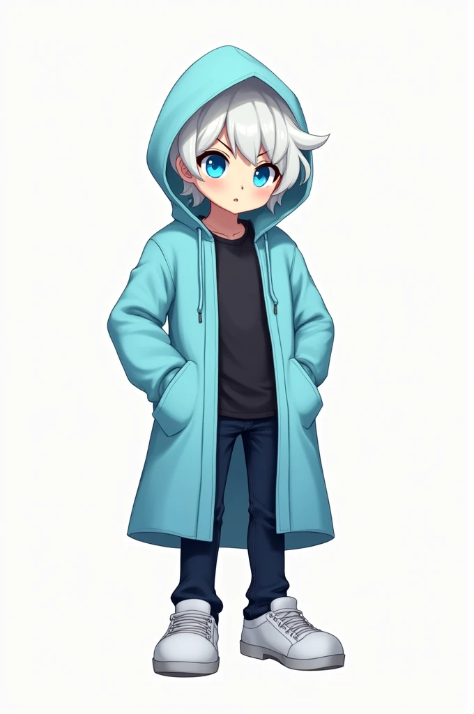 Appearance: Solis wears a light blue coat with a hood, similar to Sanss, and a black t-shirt underneath. He also wears dark jeans and white sneakers. His hair is white, short and messy, and his eyes are a bright blue that stand out on his face.