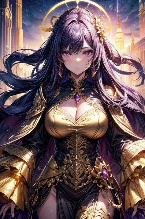 close-up of a woman in a gold and purple dress, chengwei pan on artstation, by Yang J, detailed fantasy art, stunning character art, fanart best artstation, epic and exquisite character art, beautiful armor, extremely detailed art, detailed digital anime a...