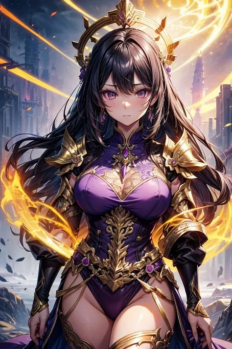 close-up of a woman in a gold and purple dress, chengwei pan on artstation, by Yang J, detailed fantasy art, stunning character art, fanart best artstation, epic and exquisite character art, beautiful armor, extremely detailed art, detailed digital anime a...