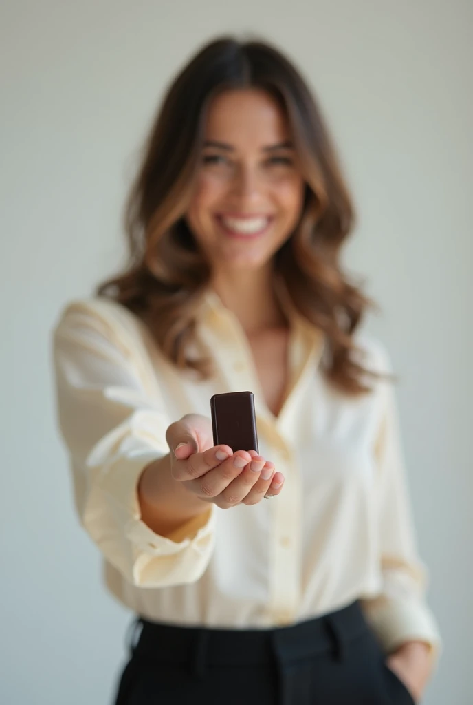 happy woman in formal blouse and pants, offering a very small, almost black, brown rectangle shaped candy
 