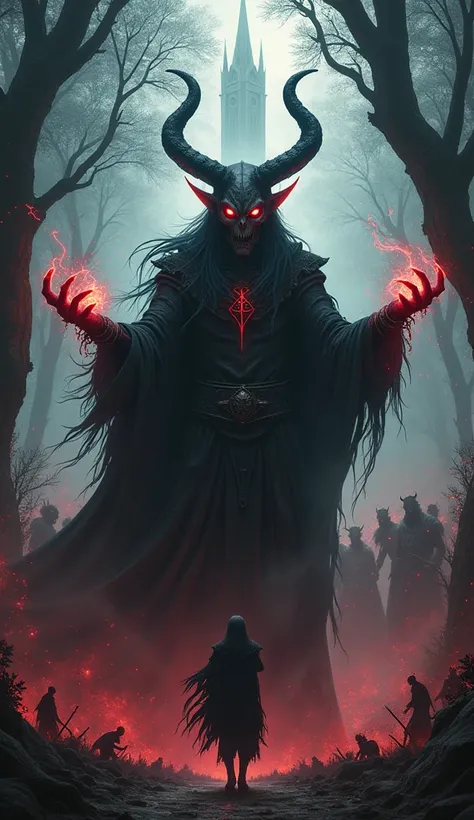 realistic photo, fantasy world, evil mage, dark, necromancer, dark elf, glowing eyes, powerful, thanks to dark magic revives the dead to fight the good heroes, gestures of the hands and the black and red magic that comes out of them., zombies, the backgrou...