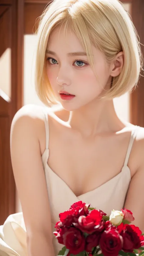 High resolution, blond hair, Love, yellow eyes, short hair, blush, shy, Red lips, pale, korean boy