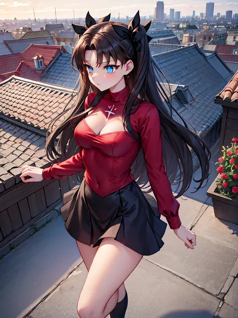 Rin Tohsaka, she is standing looking at the viewer playing with a lock of her hair, your face flushed very excited, fully body, work of art, top quality picture, super resolution, High definition, 4K, full hd, well defined and detailed image in the smalles...