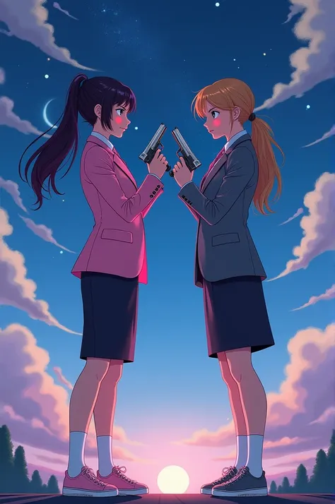 Two girls, yuri,(The first girl wear a pink suit, black pencil skirt, white socks, pink sneakers), (The second girl wore a grey suit, black pencil skirt, white socks, grey sneakers), back to back, holding a handguns, fantastic night sky, novel cartoon, 4K,...