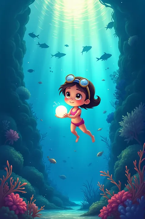 A cartoon style drawing about The girl decides to dive into the ocean to find the place where the pearl comes from. She swims through deep and mysterious waters, guided by the faint light of the pearl in her hands.