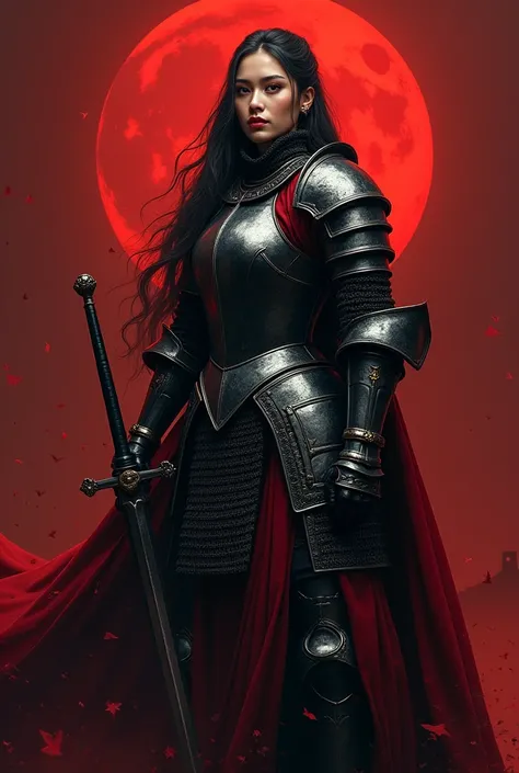 ver de longe，work of art，rich details details，1 Woman, single person，black hair with a gray streak，long hair，Eyes red，royal face，30 years old, Woman，large breasted，black armour，heavy armor，Plated pure black steel armor ，Full body shows only the face，helmet...