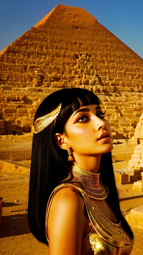 A graceful depiction of Cleopatra against the backdrop of the Egyptian pyramids, a dramatic golden sunset.