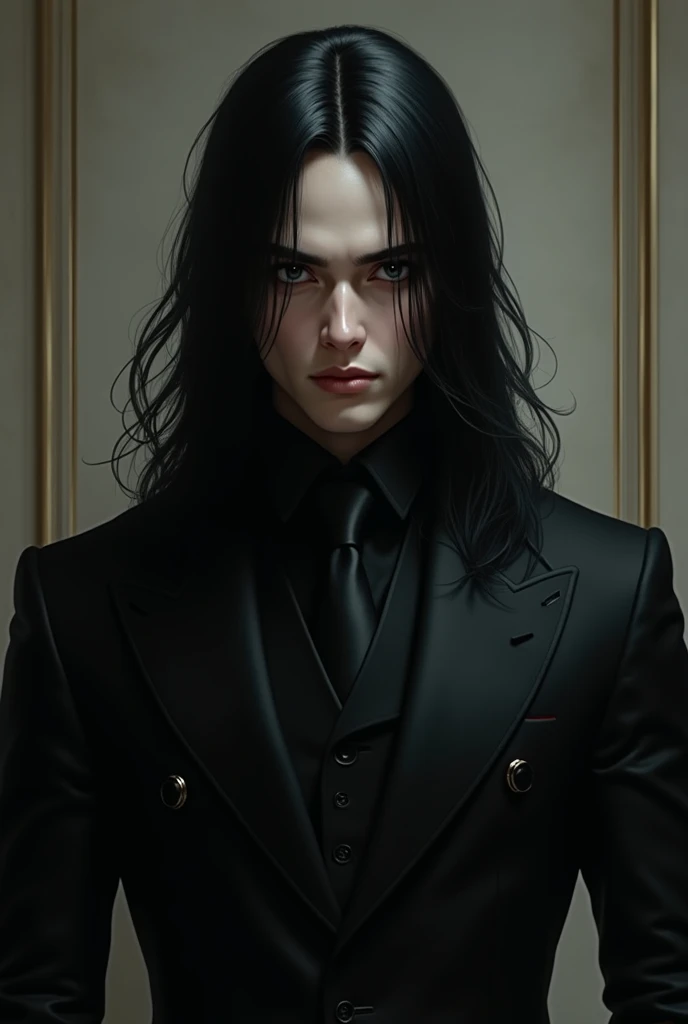 black eyes and cold,straight and long black hair,body of a deity,empty look at the powerful,naughty man,classic 19th century suit