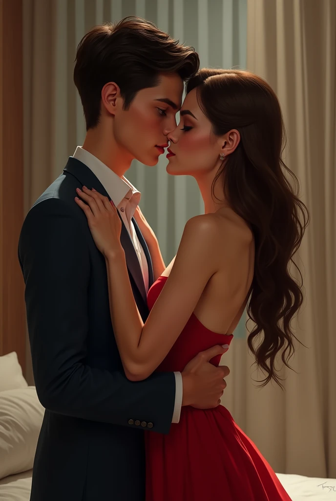 Make a tall boy with dark hair, dark brown eyes, white skin and a woman with white skin, brown hair and brown eyes with a striking eyebrow and make her with a red dress and he in a suit and he is taking off her dress, they are in the bedroom, make the imag...