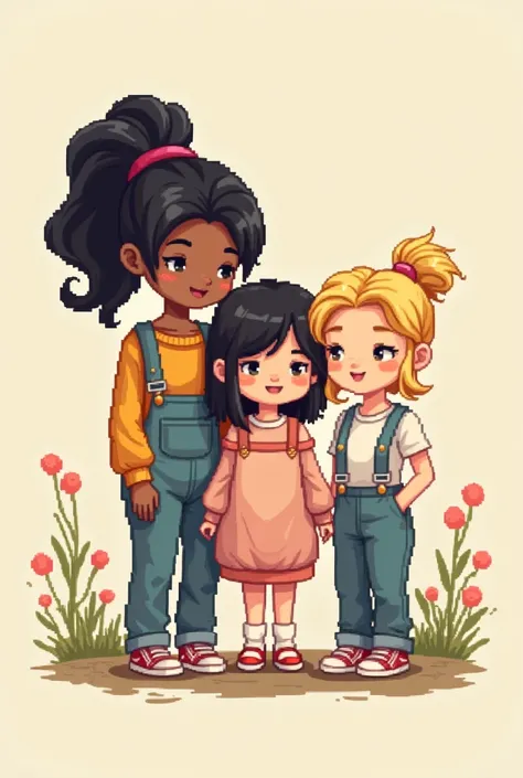 Drawing of three female friends, one stuffed, tall and with black hair, another blonde and the last brunette, pixel art