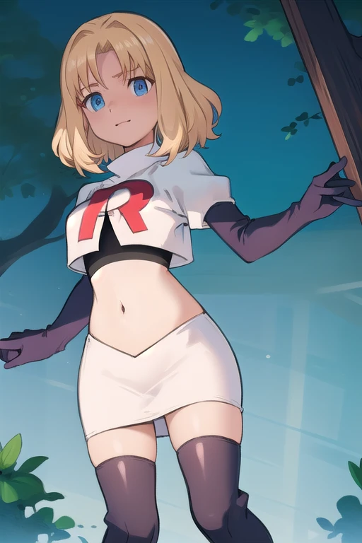 1girl, sxhelen, blonde hair, medium hair, blue eyes, team rocket,team rocket uniform,white skirt,red letter r,crop top,black thi...