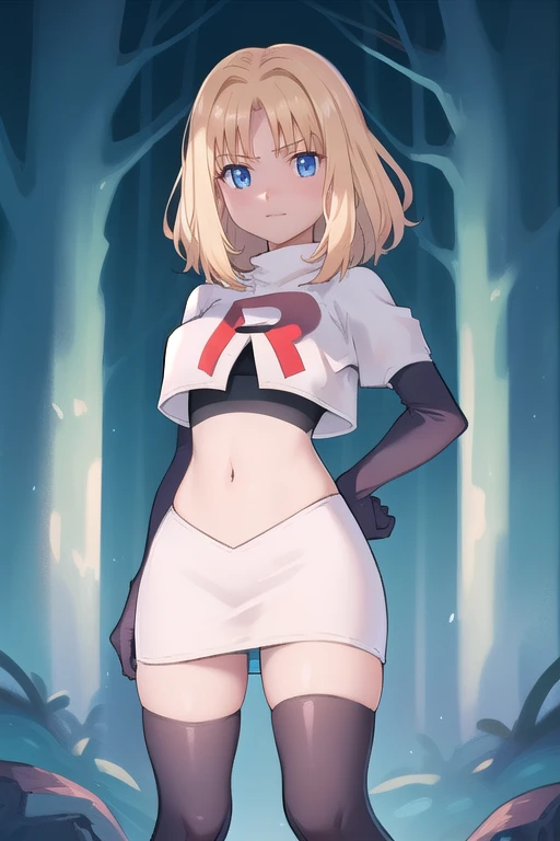 1girl, sxhelen, blonde hair, medium hair, blue eyes, team rocket,team rocket uniform,white skirt,red letter R,crop top,black thigh-highs,black elbow gloves, forest,