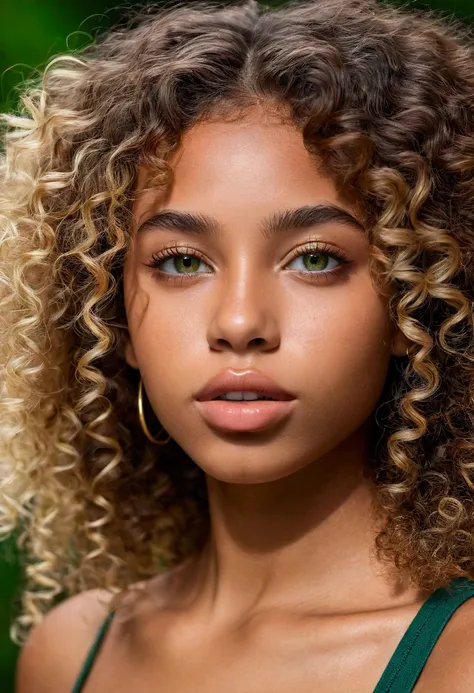 Young brown skin Brazilian female perfection, 18 ans, full glossy lips, curly brown hair with blonde highlights, natural green eyes, hyper realistic, raw photography, canon eon r5, girlfriend, influencer, instagram model