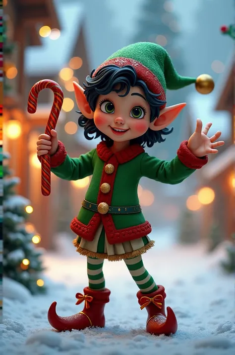 Christmas elf with black hair,candy cane 