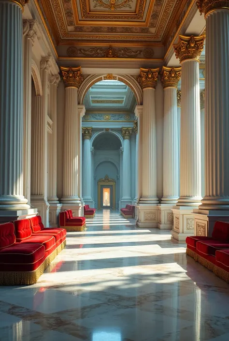 Colourful Interior of a Palace with marble floor, marble aesthetic, white marble, shiny floor, marble floors, red padded, Greek Roman Columns, royal aesthetic, Golden details, Gold ((masterpiece)), color photograph, (sharp focus:1.2), extremely detailed, i...