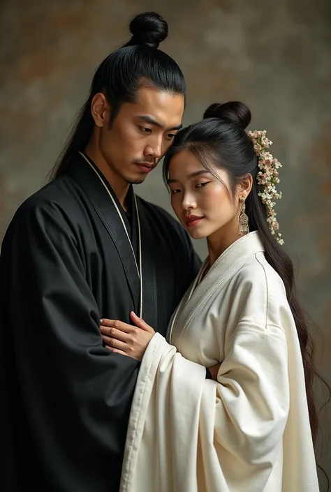 A man in a black Taoist robe hugs a woman in ancient white clothes with a line of words in the middle：As the Demon King, I married the Sword Queen？