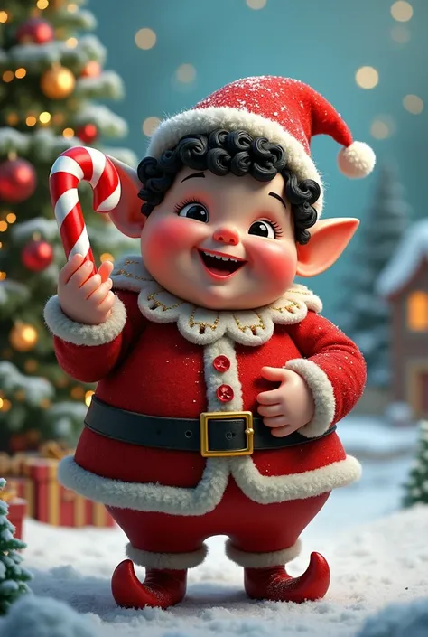 Christmas chubby elf with black hair,candy cane 