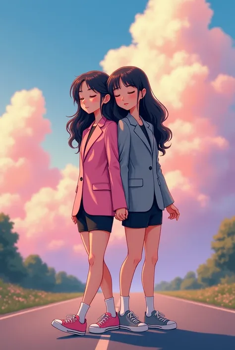 Two girls, yuri,(The first girl wear a pink suit, black pencil skirt, black underpants,  white socks, pink sneakers), (The second girl wore a grey suit, black pencil skirt, black underpants, white socks, grey sneakers), back to back, holding hands, walk on...