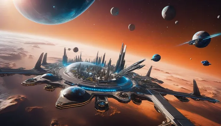 4k volumetric realistic photography floating futuristic city in space with spaceships flying around it, some asteroids, planets and satellites are also seen, best quality, high quality, highres, intricate details, portfolio piece, bryan organ, matte, trend...