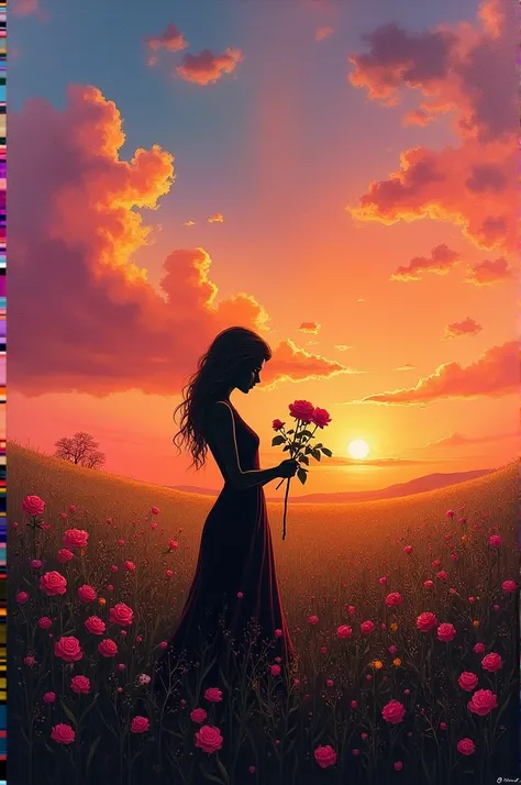 Canvas painting of black silhouette of woman picking roses in field and sunset