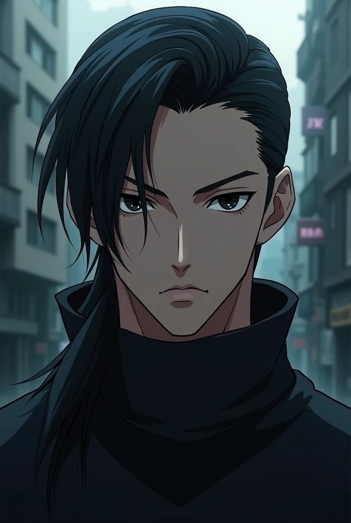 anime male character, black eyes, slicked black hair