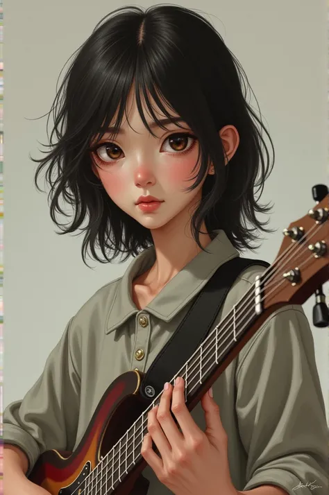 Scrawny, bass guitar,chestnut hair , Medium long hair, dark brown eyes, korean 